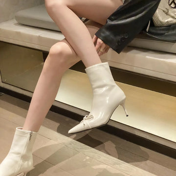 Xajzpa Women's Leather Boots Female Shoes Boots-Women Zipper  Luxury Designer Ladies 2024 High Heel Pointy Med Rubber Mid Calf Mid-Calf
